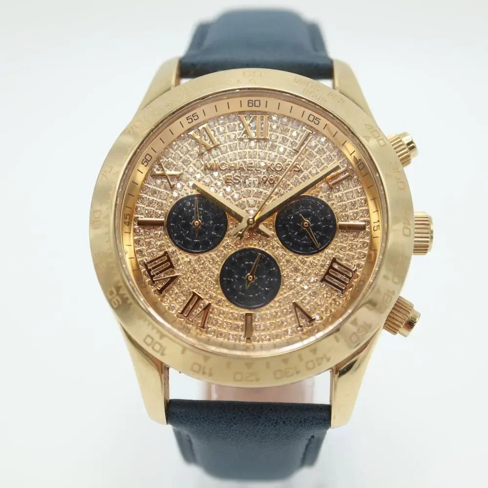 Michael Kors Layton Glitz Gold Black Chronograph 44mm Watch Blue Leather Strap